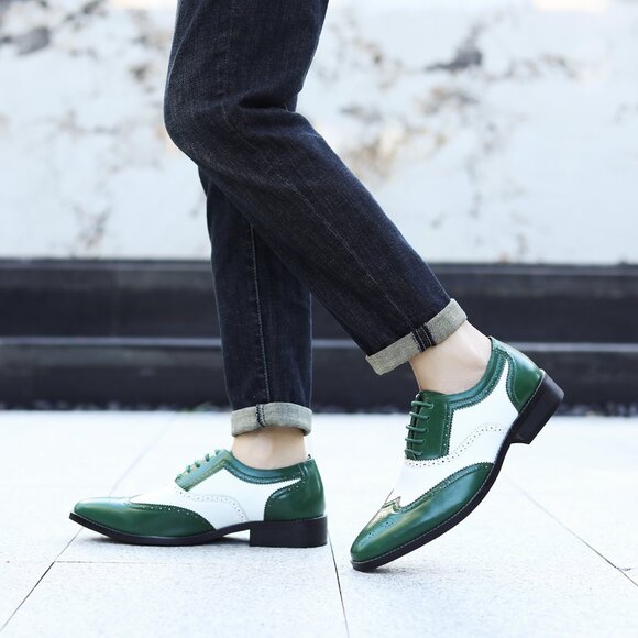 Green White 1920\'s Wingtip Lace up Oxford Dress Shoes